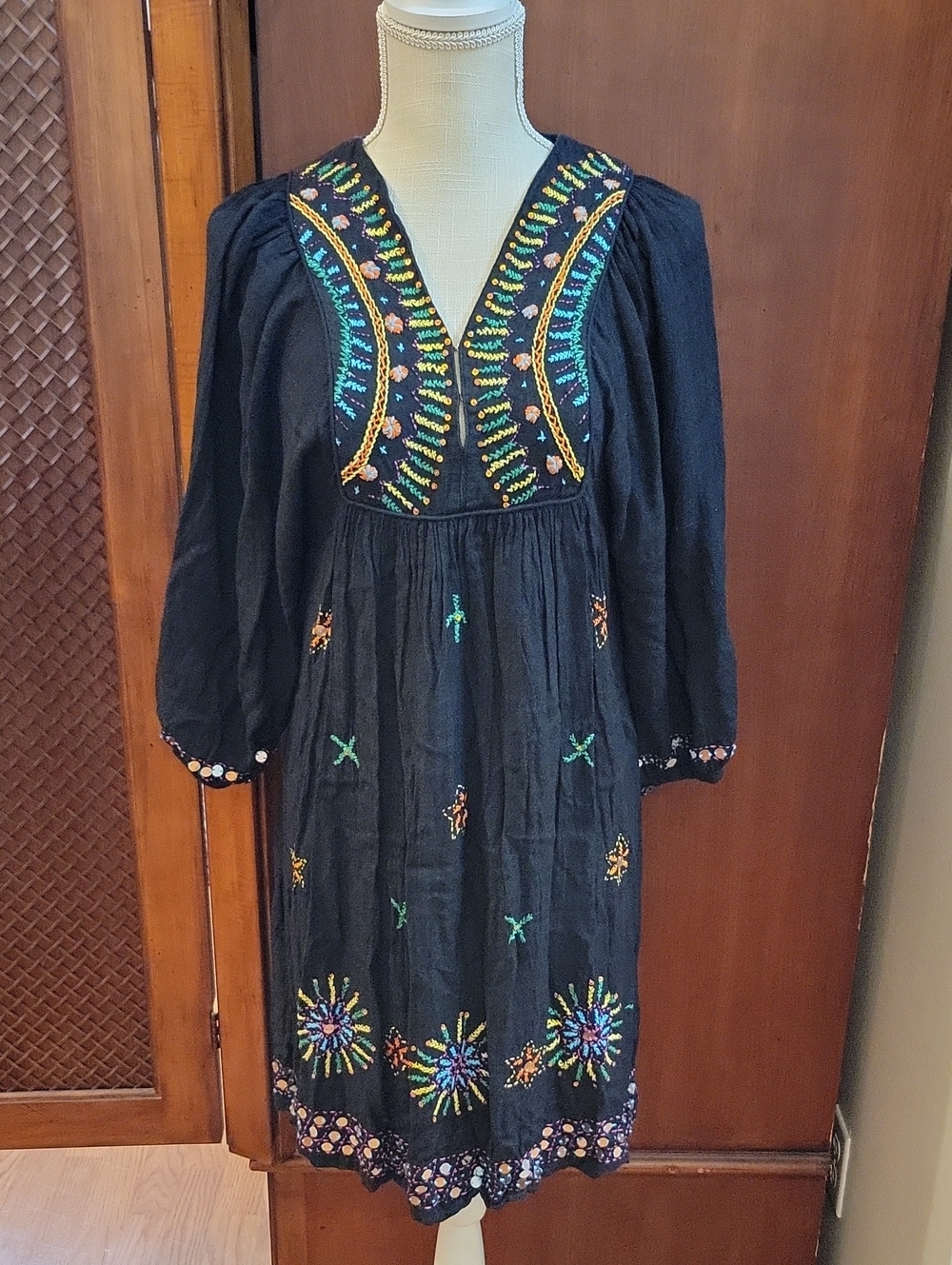 Antik Batik | Sara Dress Black 3/4 Sleeve with Colorful Embroidery Sequins Small